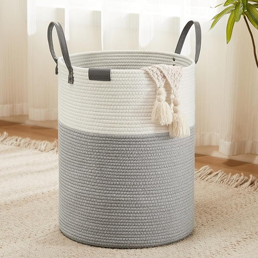 Cotton Rope Laundry Hamper by YOUDENOVA, 58L - Woven Collapsible Laundry Basket - Clothes Storage Basket for Blankets, Laundry Room Organizing, Bedroom Storage, Clothes Hamper – White & Grey