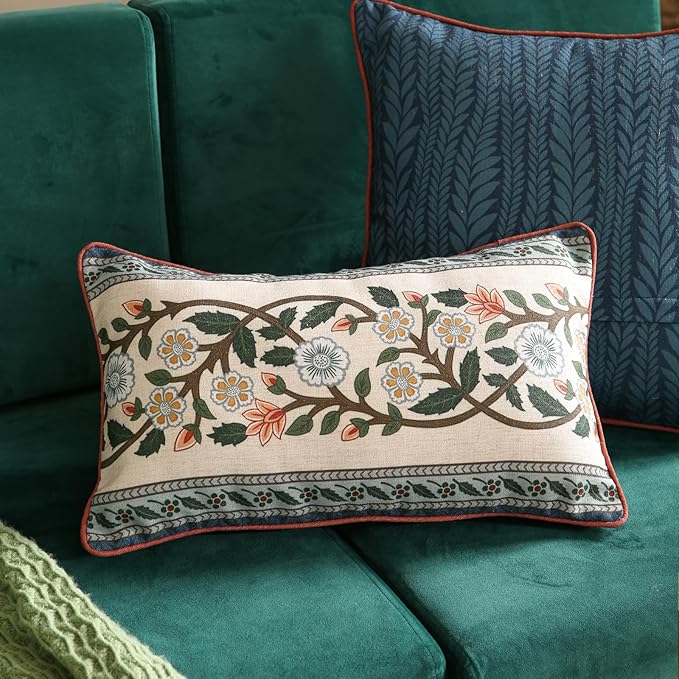 Design Lumbar Retro Elegant Linen Throw Pillow Covers 12"x20" Pack of 2, Blue Gray Floral Vine Pattern Cushion Covers Decor Rectangle Pillowcases for Bed,Living Room,Outdoor,Car