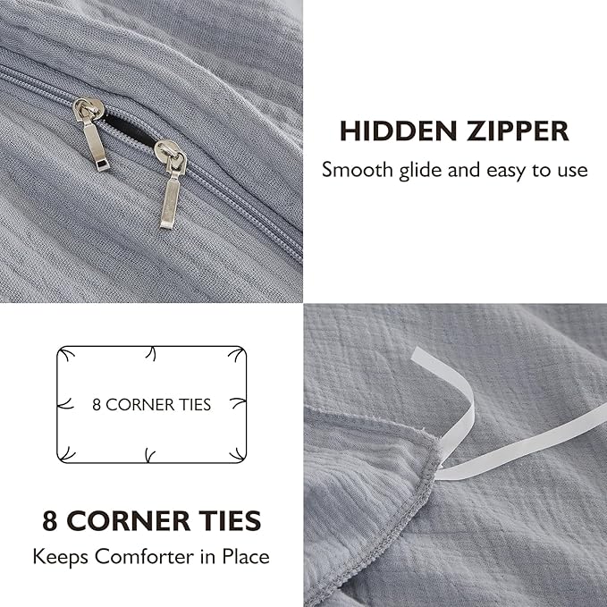 EMME Muslin Cotton Duvet Cover Set Light Grey Queen Size Linen Like Soft Breathable Lightweight Summer Comforter Cover Set with Zipper Closure (Light Grey, Queen, 90"x90")
