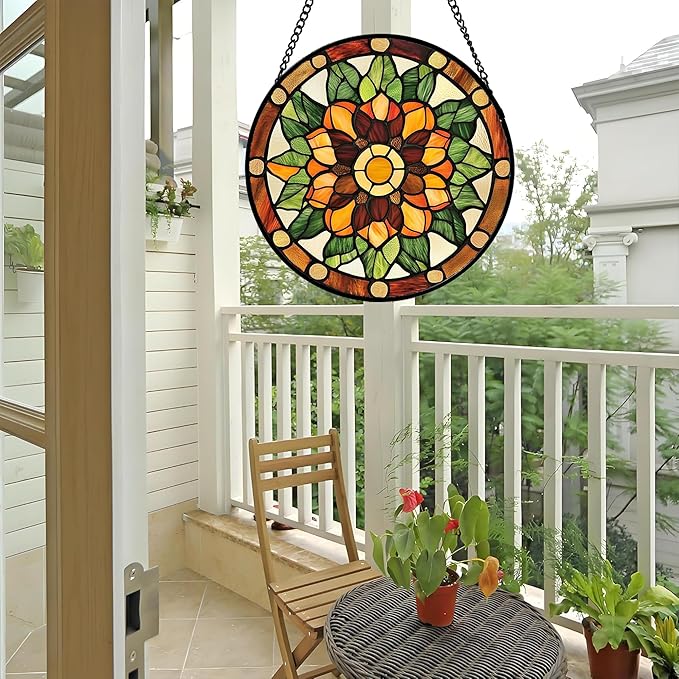 Stained Glass Window Hanging - Yellow Green Boho Style Flowers Sun Catcher for Door Garden Home Decor Suncatcher Christmas Mother's Day Birthday Gifts for Women Mom Girl Nana Friend 11.8 in