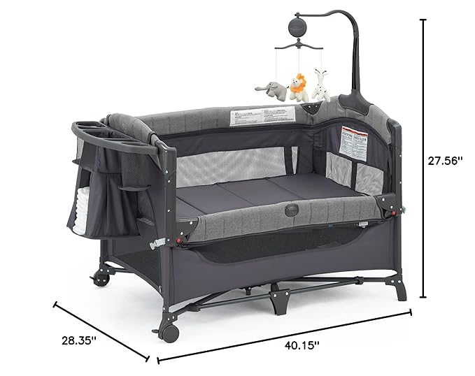 Baby Bedside Bassinet Sleeper,5-in-1 Pack and Play with Full-Size Bassinet,Baby Playard with Changing Table,Storage Shelf,Music Mobile with Soft Toys for Newborn to Toddlers (Grey)