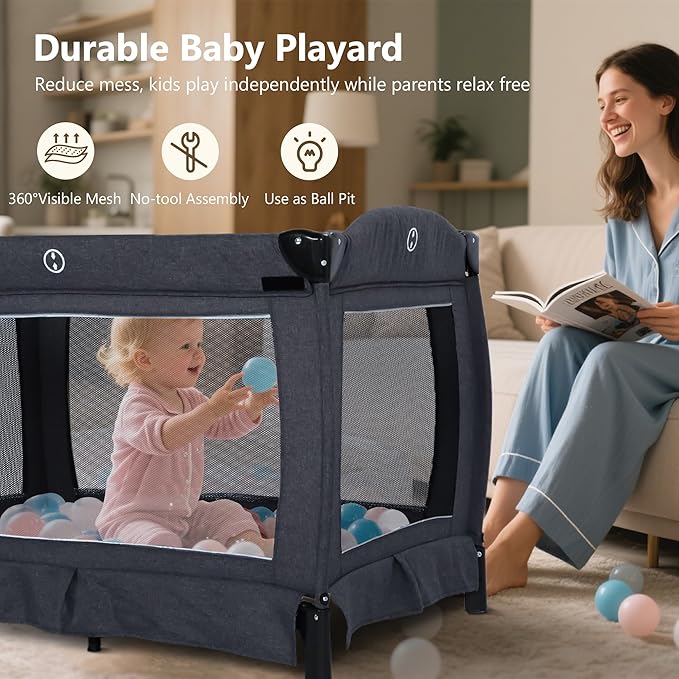 Kinder King 4 in 1 Foldable Pack n Play with Bassinet & Changing Table, Portable Nursery Center for Babies and Toddlers, Convertible Newborn Crib Baby Bed with Toys & Canopy, Storage Bag, Dark Gray