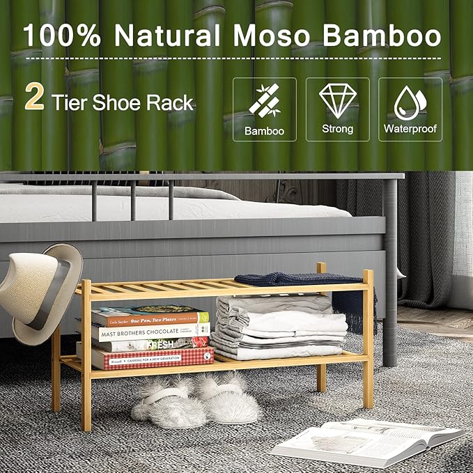 2-Tier Bamboo Shoe Rack for Entryway, Stackable | Heavy Duty | Multi-Function, Free Standing Shoe Racks for Bedroom Hallway Closet