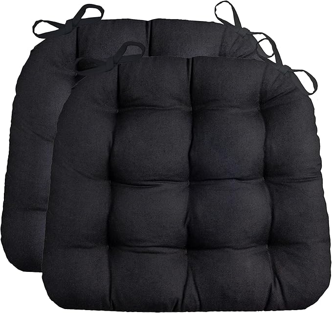 Barnett Home Decor Dining Chair Cushions with Ties – Size Small 15 x 17 - Latex Foam Fill, 100% Cotton, Machine Washable Chair Pads for Kitchen Chairs, Made in USA (Cotton Duck Black/Pack of 2)