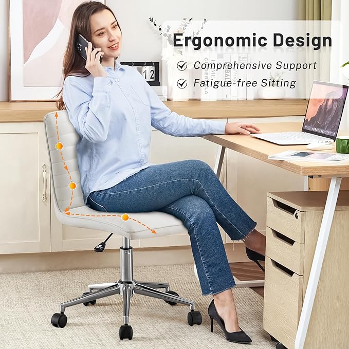 Furniliving PU Leather Home Office Chair, Armless Computer Desk Chair with 360° Swivel Wheels Adjustable Height Comfy Chrome Legs for Living Room Bedroom, Vanity, Office, Ivory White