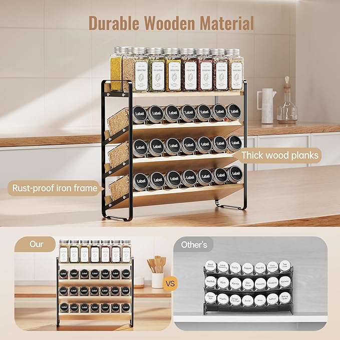 MUDEELA 4 Tier Spice Rack Organizer for Cabinet, Vertical Spice Shelf, Wooden Material, Seasoning Organizer for Countertop, Kitchen, Pantry, Freestanding, 13.4" W × 11.2" H (No Jars Included), Black