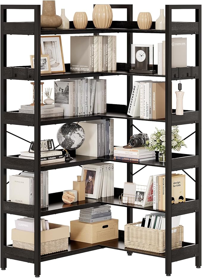 KOUSEI 6-Tier L-Shaped Reversible Corner Bookshelf, 69" Black Industrial Wood & Metal Bookcase, Wide Open Shelves + 4 Hooks for Living Room/Bedroom/Home Office