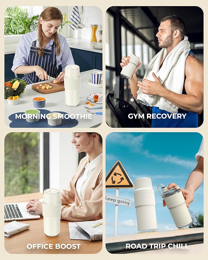 Portable Smoothie Blender, Personal Blender for Smoothies, 7.4V Motor 10 blades, Stainless Steel Cup, USB-C Rechargeable, Easy to Clean, Travel Lid, Keep Cold 24 Hours, Single Serve blender, WHITE