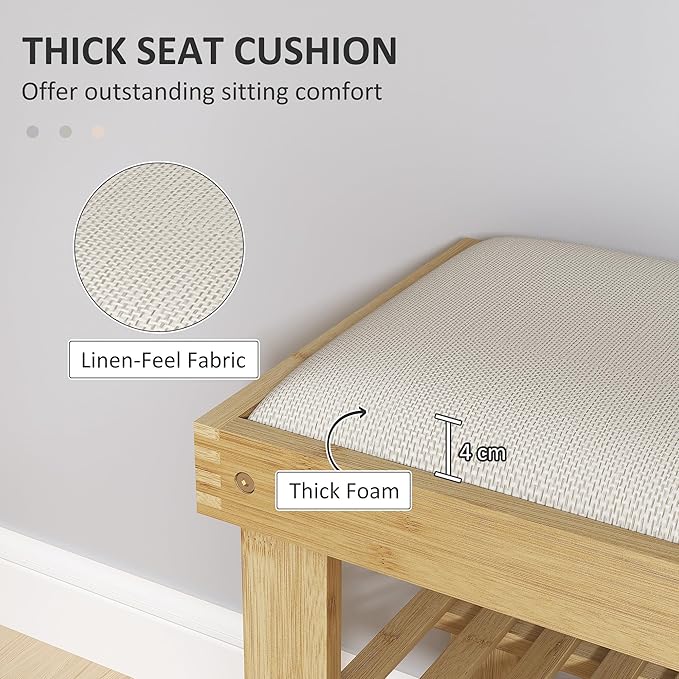 HOMCOM Bamboo Shoe Bench, 3-Tier Entryway Bench with Storage and Cushion, Shoe Organizer for Entryway, Hallway, Holds Up to 331 lbs, 23.6 x 11.4 x 19.3 Inches, Cream White