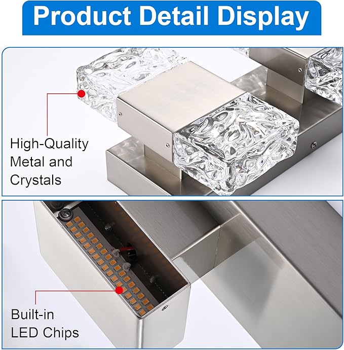 MELUCEE 3-Light Brushed Nickel Vanity Light Bar LED Bathroom Lighting Fixtures Over Mirror Dimmable Modern Wall Light with Crystal Column for Bath Restroom Powder Room, 3000K Warm Lighting