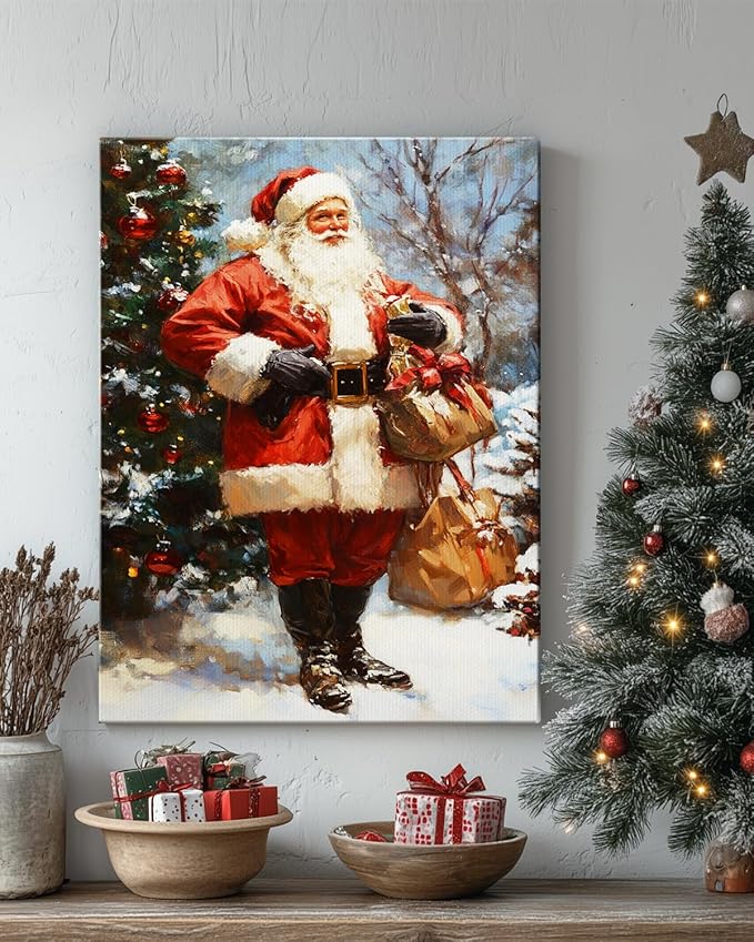 Vintage Santa Claus Christmas Canvas Wall Art - Festive Holiday Painting for Living Room,Bedroom & Bathroom, Cozy Winter Decor Framed Print, Perfect Christmas Gifts & Home Decoration
