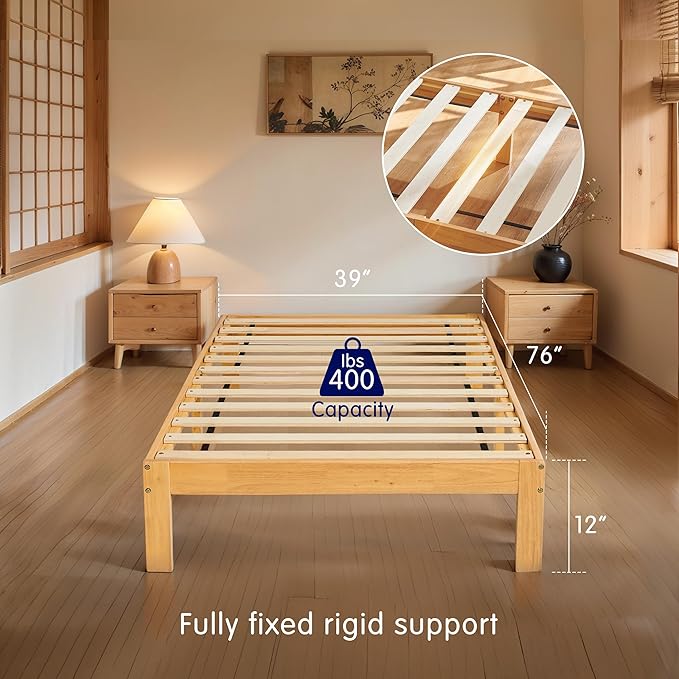 Hokway Wood Twin Bed Frames- No Wobble,Noise-Free,Easy Assembly with Precise Holes,12 in Wood Slat Support,No Box Spring Needed,Natural