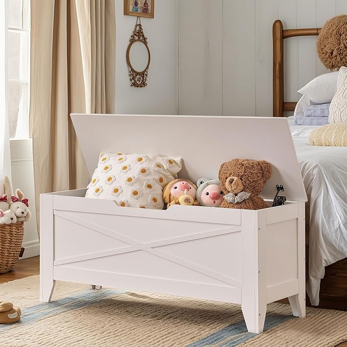 VECELO 43.3" Farmhouse Style Storage Bench, Entryway Shoe Ottoman, with Handwoven Cushion, with Metal Safety Hinges, for Bedroom, Living Room, Entryway, White