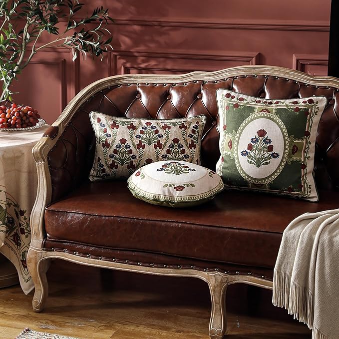 Design Linen Round Throw Pillow Covers Diameter 16" Pack of 2, Yellow Green French Cushion Covers with Red Purple Floral Pattern Decoration Pillowcases for Bed, Living Room, Outdoor, Car