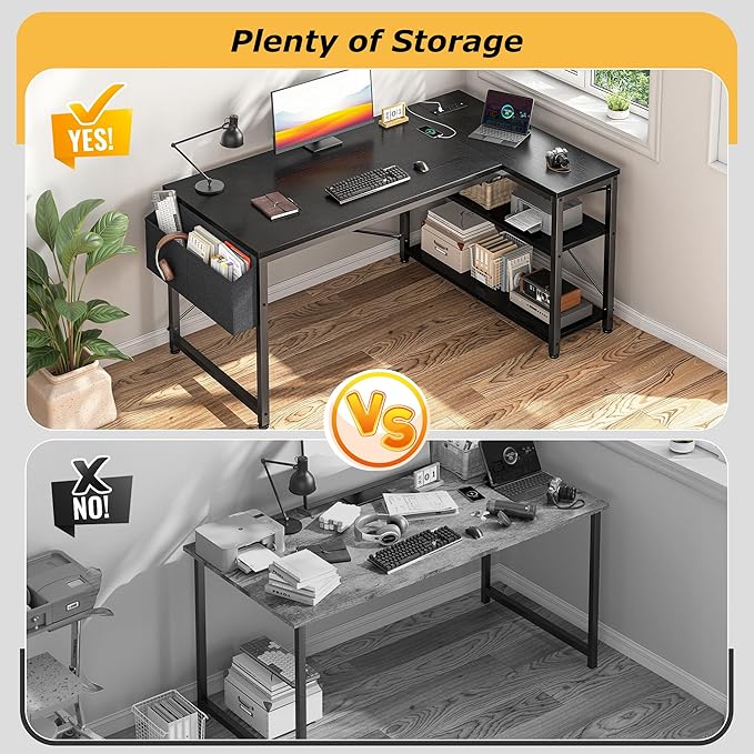 EnHomee 48 Inch L Shaped Gaming Desk, Computer Desk with Storage Shelves & Side Bag, Office Desk with Power Outlets, Small Corner Desk for Small Space Home Office Bedroom, Study Writing Table, Black