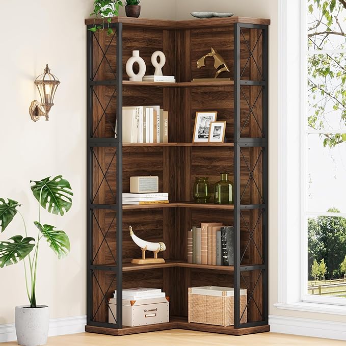 5-Tier L Shaped Bookshelf, Vintage Industrial Corner Bookcase, Large Tall Storage Shelves Display Rack with Metal Frame for Living Room, Home Office, Bedroom, Dark Walnut