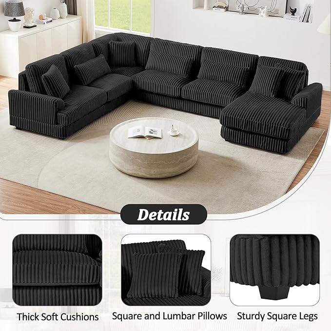 129" Sectional Sofa U Shaped Sofa Modern 5 Seat Couch Upholstered Couches with Chaise Lounge for Living Room, Black