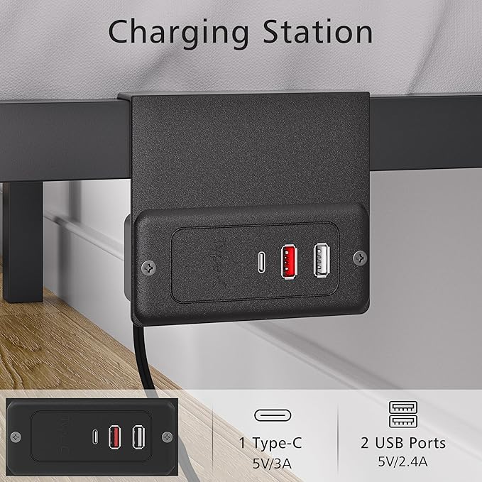 VECELO Twin Size Platform Bed Frame with USB Charging Station and Wood Storage Headboard, Heavy Duty Metal, Large Storage, Noise-Free, No Box Spring Needed, Easy Assembly, Black