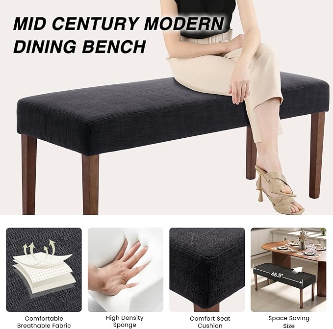 Farmhouse Upholstered Dining Bench Seat, 45" Linen Entryway Bench with Natural Wood Legs, Mid Century Modern End of Bed Bench for Kitchen Bedroom Living Room Hallway, for 2-3 Person, Charcoal