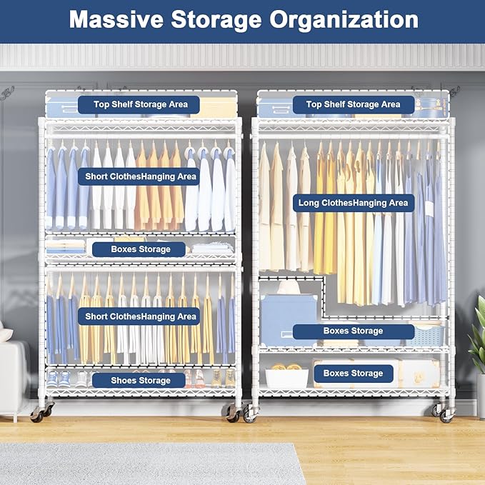 P8C Heavy Duty Clothes Rack（With Extended Width Design） Rolling Clothing Racks for Hanging Clothes with Lockable Wheels，51.2"W x 15.8"D x 80.5"H，Max Load 700LBS，White Rack with White Cover