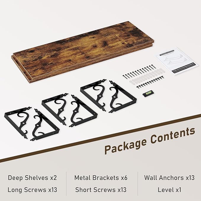 Deep Floating Shelves, 36" W x 12" D Wall Shelves Set of 2, Wide Display Shelf Wall Mounted with Brackets, Bookshelf for Living Room, Bathroom, Bedroom, Rustic Brown