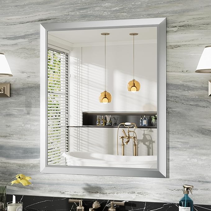 36x30 Inch Silver Bathroom Mirror for Wall, Thick Metal Framed Rectangle Mirrors for Over Sink, Bedroom, Living Room, Entryway, Anti-Rust, HD Tempered Glass