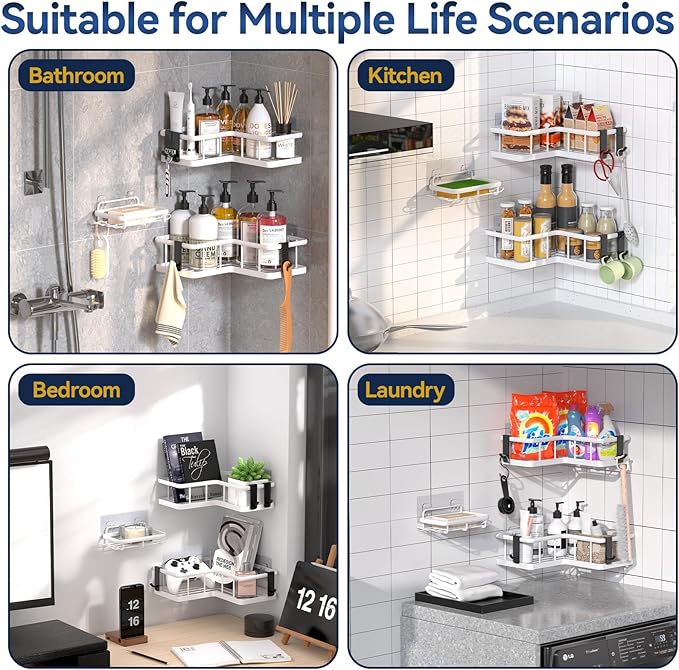 YASONIC Corner Shower Caddy Organizer, 3-Pack Self-Adhesive Rustproof Bath Shelves with Soap Holder & 4 Hooks, Large Capacity Shower Storage Rack for Bathroom Organization, White