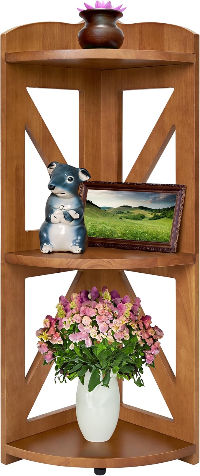 Corner Shelf Stand, Corner Bookshelf, Small Corner Shelves by Natural Wood, Plant Stand, Corner Bookcase for Living Room, Home Office, Bedroom, (Brown, 3 Tier)