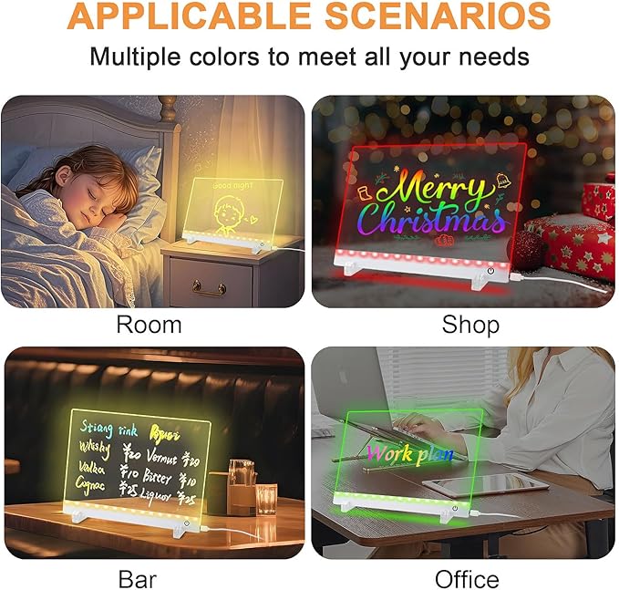 LED Note Board with Colors，LED Drawing Board for Kids, Light Up Acrylic Dry Erase Board with Stand,7 Markers, Rewritable Message Board Creative Fun for Home, Classrooms, Gifts（13.7X 10Inch）