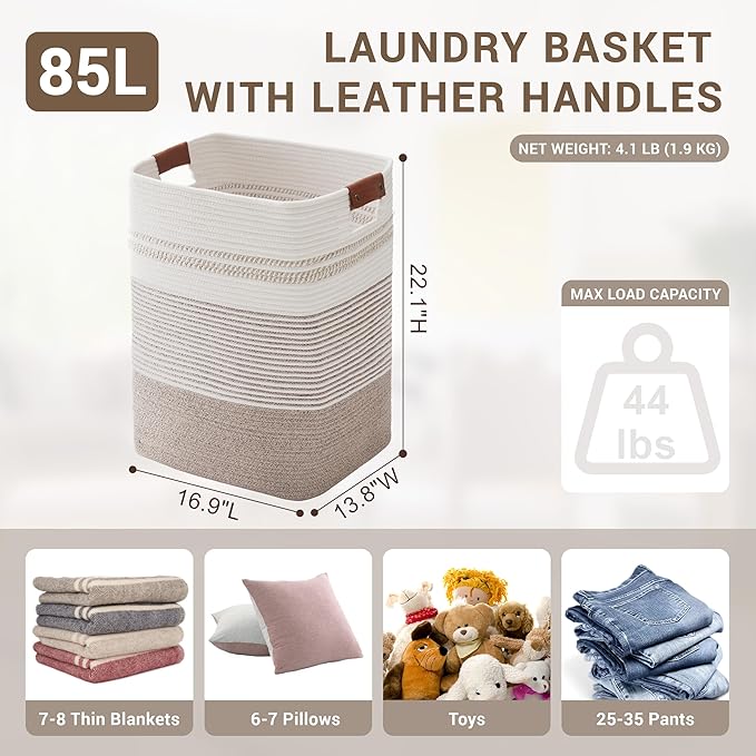 Laundry Hamper 85L Large Blanket Storage, Basket Blankets Living Room, Toys, Towel, Dirty Clothes in Bathroom, Bedroom, Tall Laundry Basket with Leather Handles, 17"x14"x22", Beige Brown