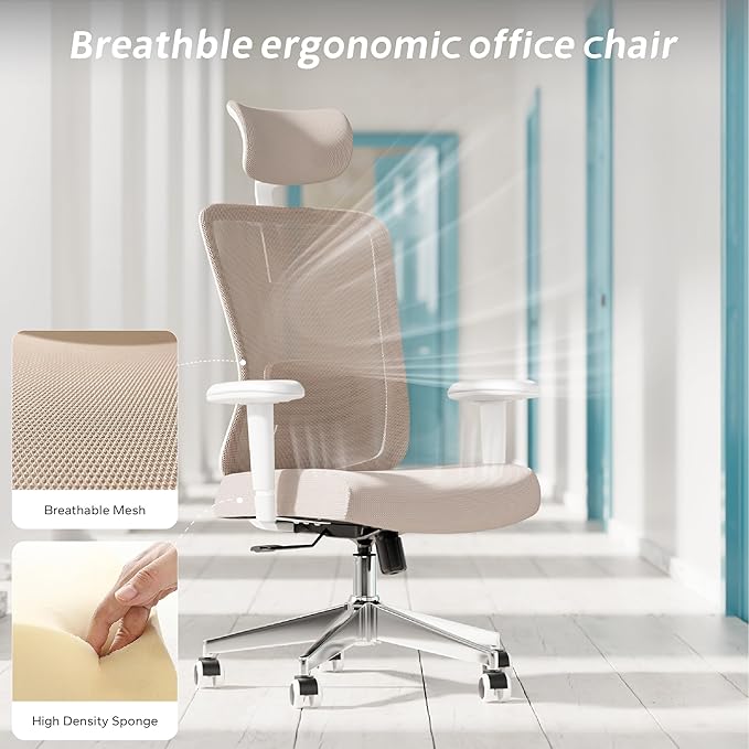 Ergonomic Office Chair, Mesh Desk Chair with Adjustable Headrest and 2D Armrest，Computer Chairs with Lumbar Support, Big and Tall Office Chair 400lbs, Large (01khaki)