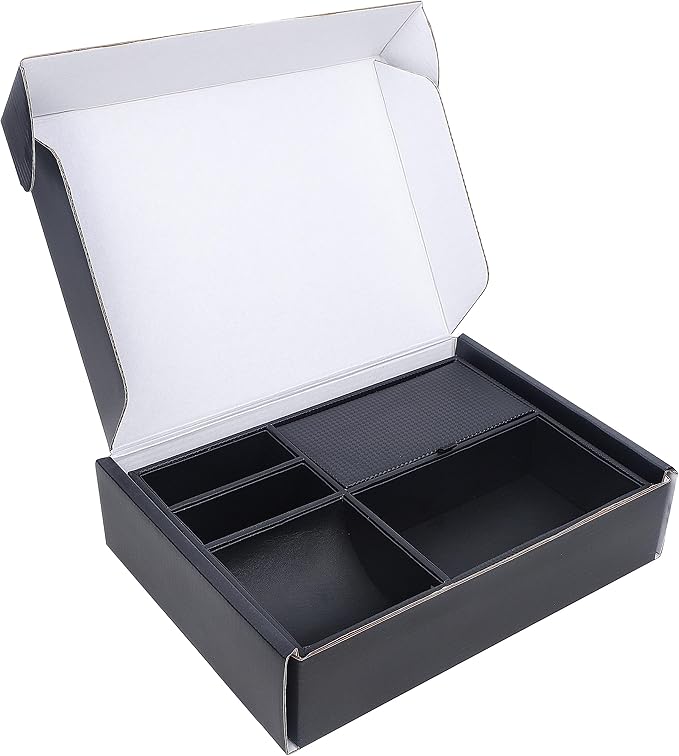 Zcaukya Men's Valet Tray, Jewelry Box Nightstand Organizer with 5 Compartments for Phone Keys Wallet Watch Glasses, Faux Leather Dresser Entryway Catchall Holder for Father's Day Gift (Black)