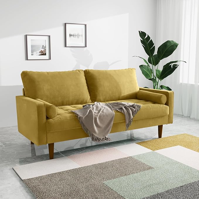 Modern Sofa,70 Inch Velvet Couch for Living Room,Spring Cushions,Easy Assembly Modern Couches with Throw Pillow for Small Spaces (Goldenrod)
