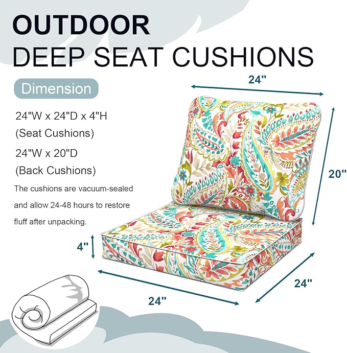 Outdoor Deep Seat Cushions Set 24 x 24 Inch for Patio Furniture,Water Resistant Chair Cushions Replacement Includes Seat Cushion & Back Pillow for Couch Sofa, Wicker Chair - Pretty Paisley