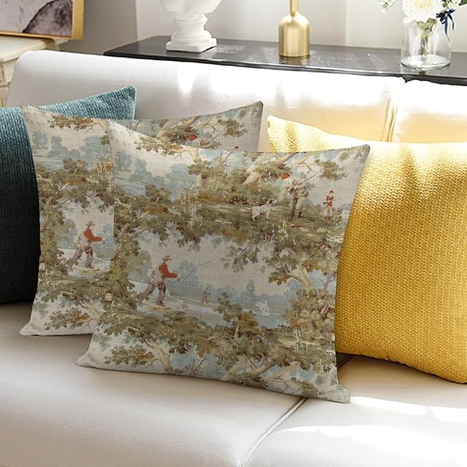 Farmhouse Rustic Vintage Throw Pillow Covers 18x18 Inch Set of 2 Country Home Decor Retro Pillow Case Fishing and Hunting Pattern Cushion Cover of Indoor Outdoor Sofa Bed Living Room