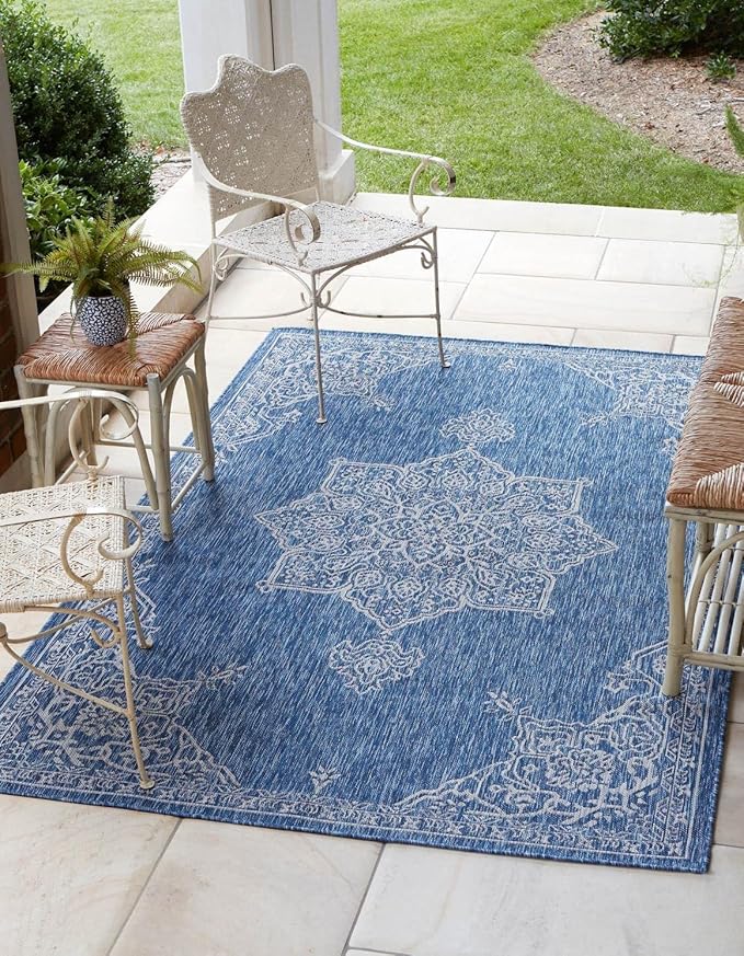 Unique Loom Outdoor Traditional Collection Area Rug - Antique (10' x 13' 1" Rectangle Blue/Ivory)