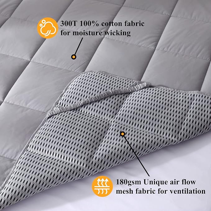 Cooling Mattress Pad Cover, with 100% Cotton Cover and Mesh Shell Underlay, Snow Fiber Filled, Soft, Temperature Regulated, Premium Mattress Protector, Machine Washable (Queen (60x80 inch), Grey)