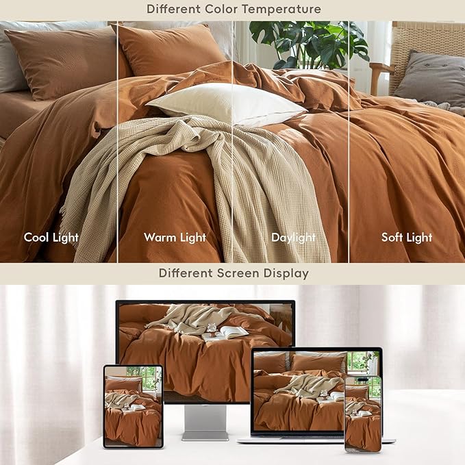 MooMee Bedding Duvet Cover Set 100% Washed Cotton Linen Like Textured Breathable Durable Soft Comfy (Solid Dark Orange, Super King Plus 120"x120")