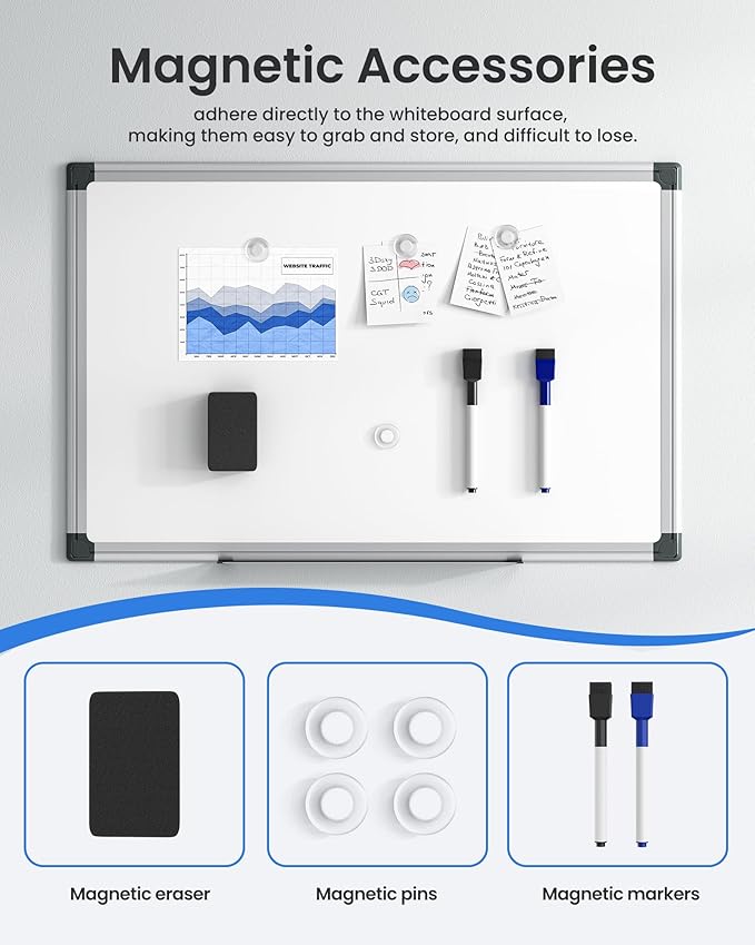 VUSIGN 6PCS Magnetic White Board Kit for Wall 18" x12", 6 Dry Eraser & 12 Multicolor Markers & 24 MagneticPins, Sliver Reinforced Aluminum Frame for Home, School, Office