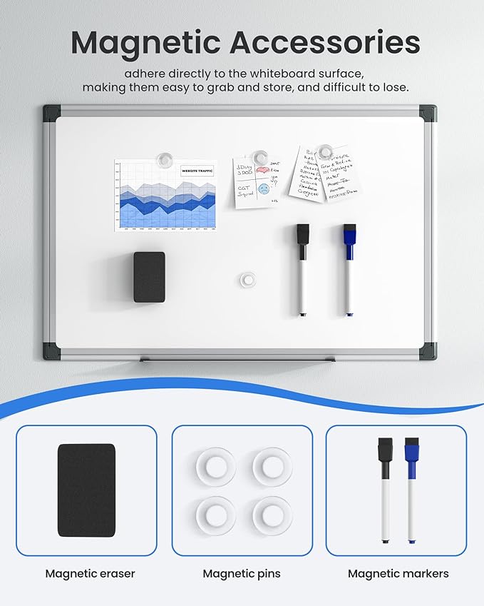 VUSIGN Magnetic White Board Kit for Wall 18" x 12", 1 Dry Eraser & 2 Multicolor Markers & 4 Magnetic Pins, Sliver Reinforced Aluminum Frame for Home, School, Office