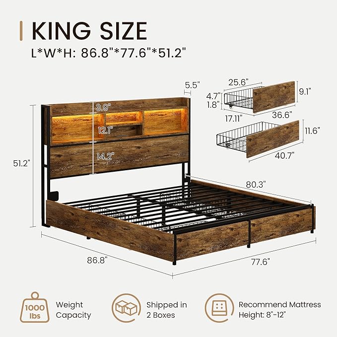 King Storage Bed Frame with 6 Drawers, USB Charging Station, No Noise, No Box Spring Required, Vintage Brown Headboard Platform Bed
