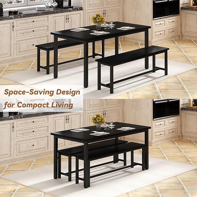 Recaceik Dining Table Set for 4 Kitchen Dining Room Set with 2 Dinner Benches, Farmhouse Breakfast Table for Apartment Small Space, Easy Assembly