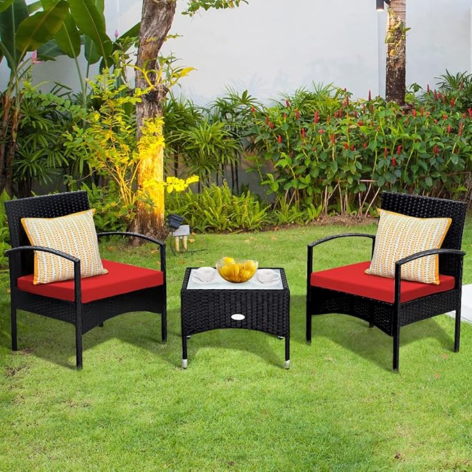 COSTWAY 3 PCS Patio Wicker Conversation Set, PE Rattan Sofa with Tempered Glass Coffee Table, 2 Chairs, 2 Cushions, Outdoor Patio Furniture Set for Yard Porch Bistro Balcony Backyard Pool, Red