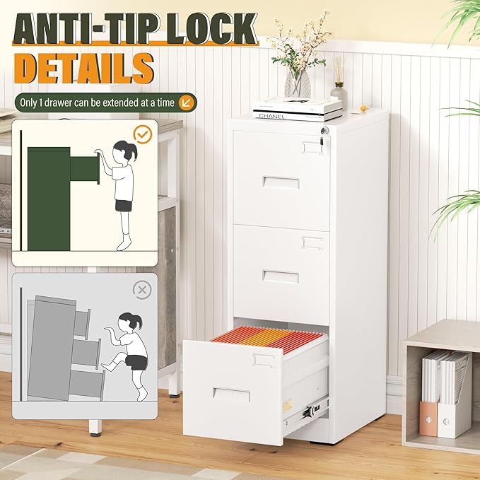 Greenvelly 3 Drawer File Cabinet with Lock, Black Metal Vertical Filing Cabinet for Home Office Fit Legal/Letter/A4/F4 Size with Hanging Bars&Key