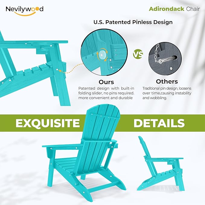 nevilywood Folding Adirondack Chair - Extended Ergonomic Backrest, Cup Holder - Easy Assembly - Durable HDPE Plastic, Weather Resistant & Maintenance-Free - Lawn, Patio, Deck Supports 380lbs Aruba