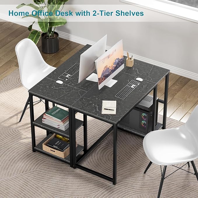 SINPAID Computer Desk 40 inches with 2-Tier Shelves Sturdy Home Office Desks with Large Storage Space Modern Gaming Desk Study Writing Laptop Table, Black Marbling