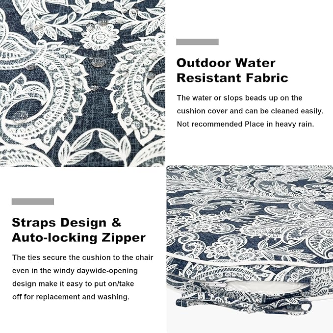 Set of 2 Outdoor Chair Cushions 19"x19"x2",Water Repellent Dining Seat Cushion with Ties and Removable Covers, Chair Cushions for Indoor and Patio Furniture, Damask Lapis