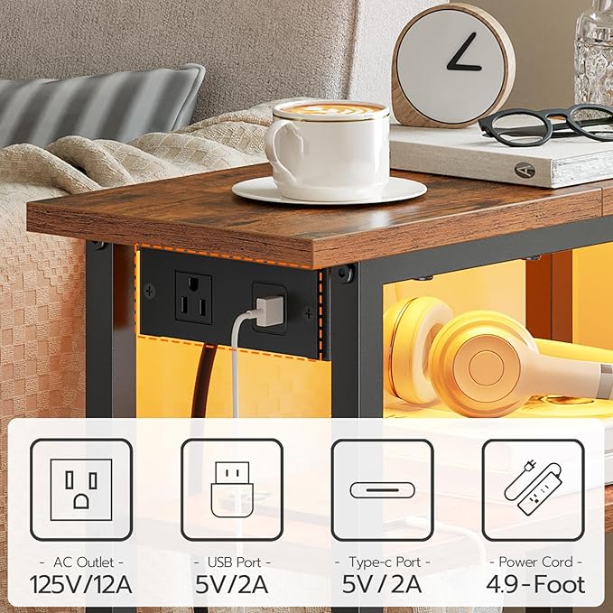 HOOBRO Narrow Side Table with Charging Station and LED Light, Small End Table with Storage, Skinny Nightstand with USB Port, Slim Bedside Table for Small Spaces, Living Room, Rustic Brown BF242UDBZ01