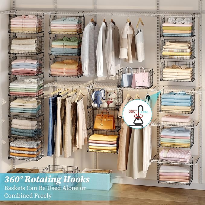 3-Tier Foldable Hanging Closet Organizer with 360° Rotating Hooks–Clothes Hanging Shelves for Small Spaces, Wire Basket Bin Storage for Closet Organizer System, Black