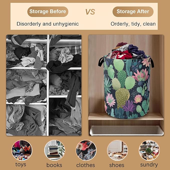 Blooming Cactuses Laundry Hamper,Collapsible Laundry Baskets,Tropical Succulents Dirty Clothes Baskets with Handles,Oxford Cloth Hamper for Bedroom,Bathroom,College Dorms, 16"x20"